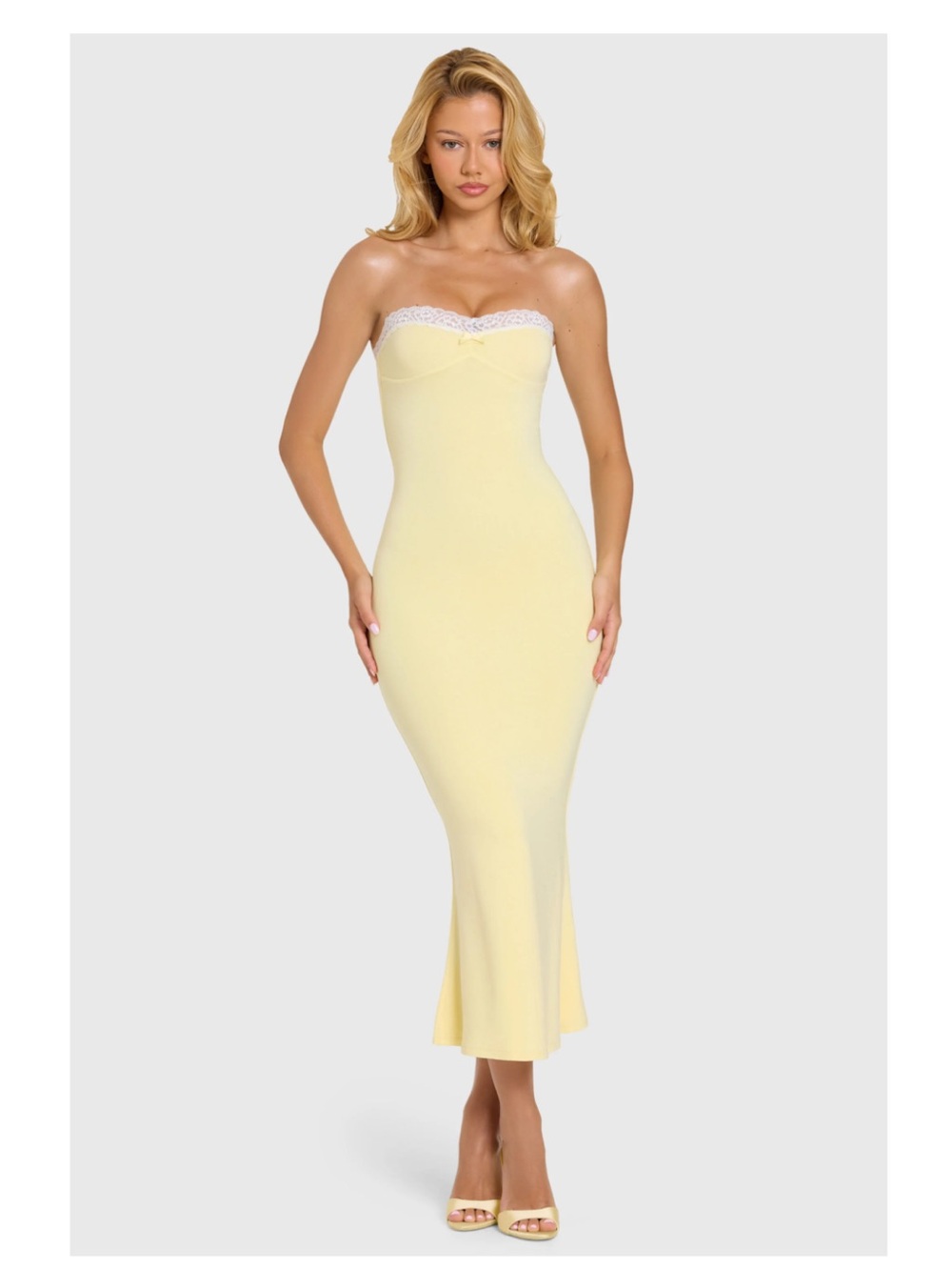 Oh Polly Strapless Lemon Yellow Maxi Dress with White Lace Trim: brand new